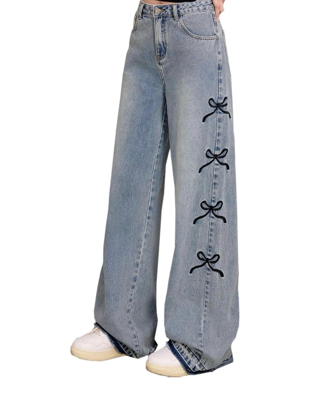 Wide Leg Light Blue Jeans with Side Bow Detail